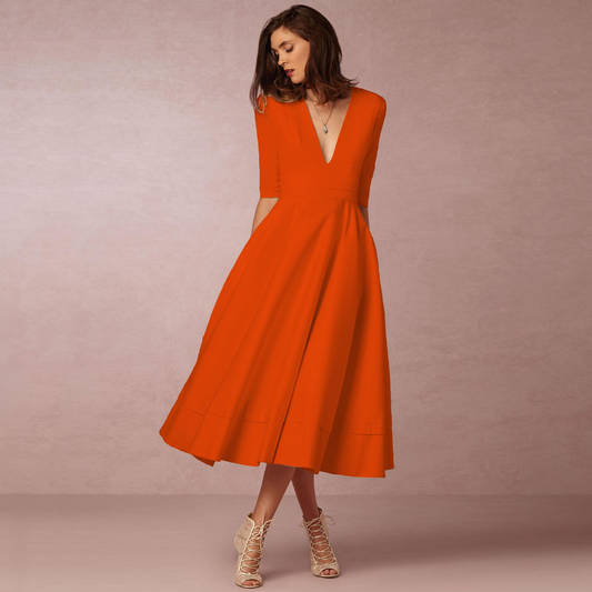 Women's Clothing Evening Dress Sexy Deep V Mid-sleeve Large Swing Dress