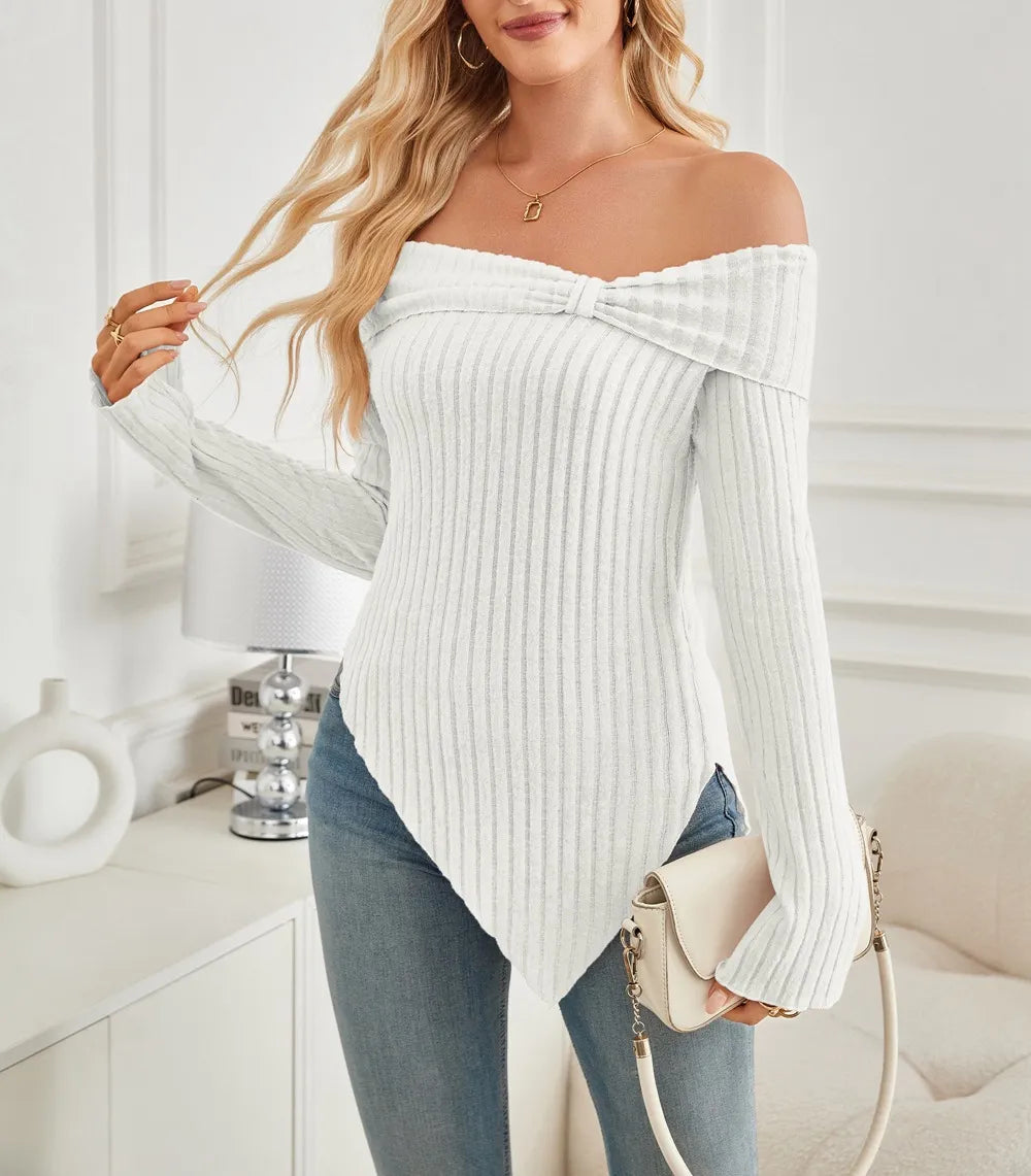 Women's Trendy Knit Ribbed Tops Bow Tie One Shoulder Long Sleeve Sweater Slim Cute Split Shirts Dressy Tops