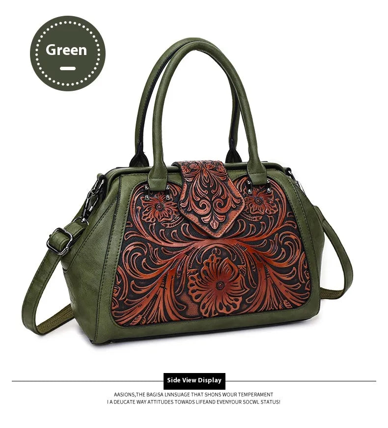 Handmade Carved One-shoulder Women's Leather Bag