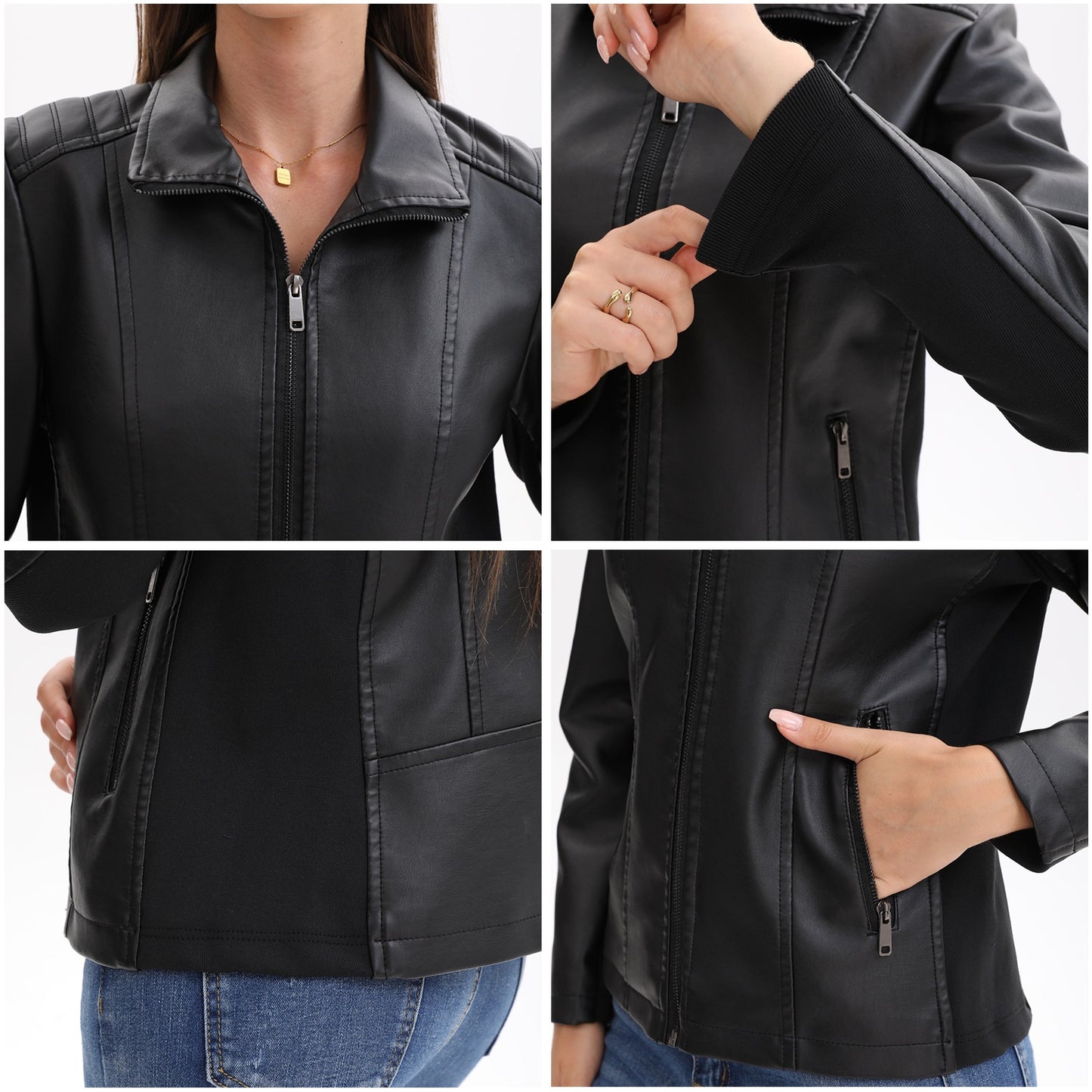 Women's Leather Jacket Knitted Stitching Stretch Coat