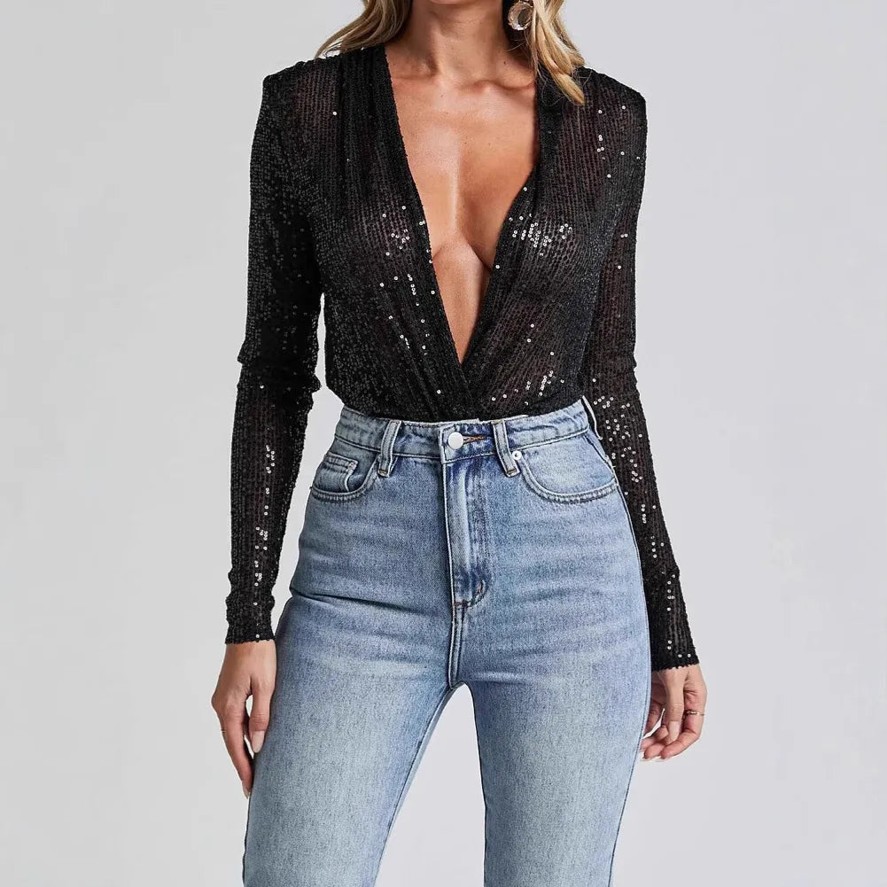Deep V Women's Sequin Top Long Sleeve Bottoming Jumpsuit