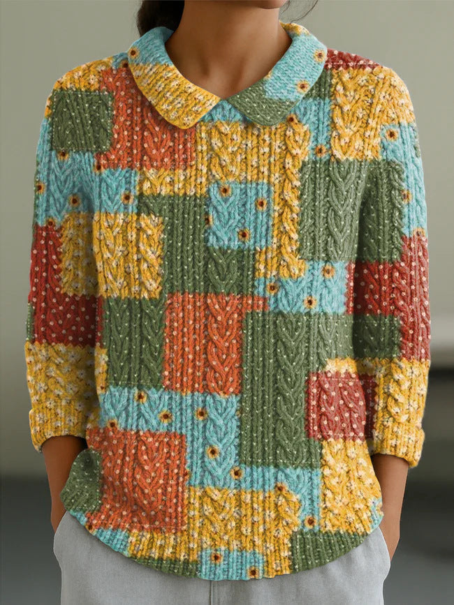 Autumn And Winter New Women's Doll Collar Knitted Jacquard Fabric French Retro Printed Top