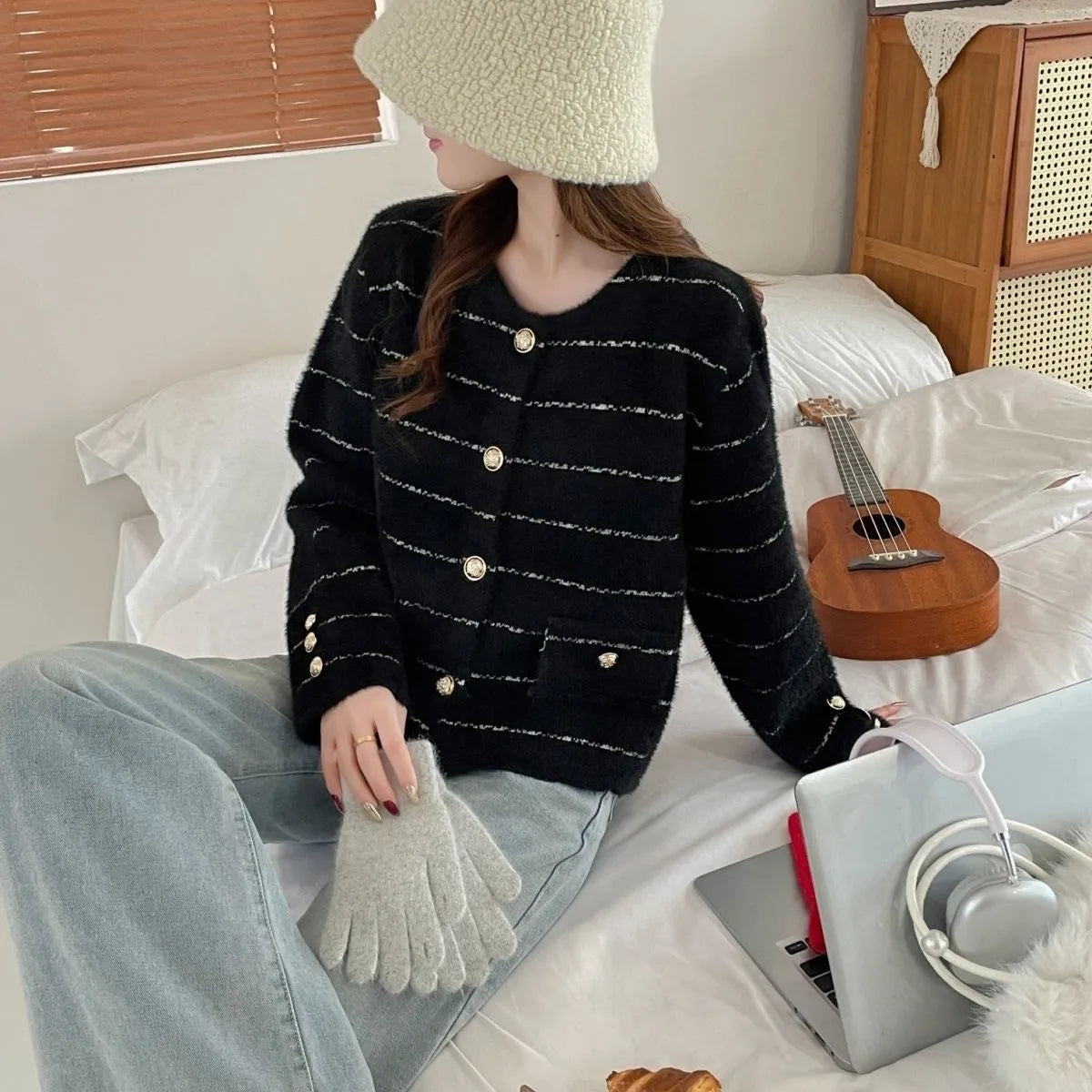 Striped Round Metal Button Faux Pocket Round Neck Sweater