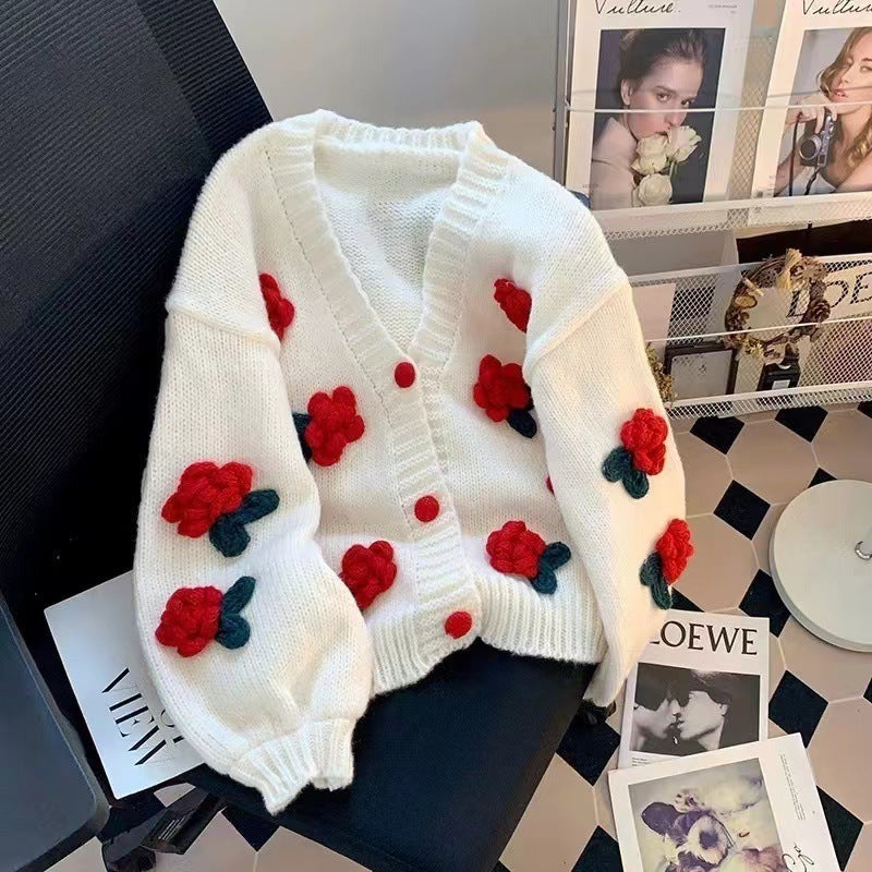 Women's Three-dimensional Flower Knitted Cardigan Loose Sweater Coat