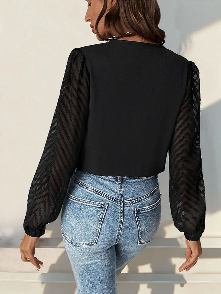 All-matching Solid Color And V-neck Pleated Lace See-through Long-sleeved Top