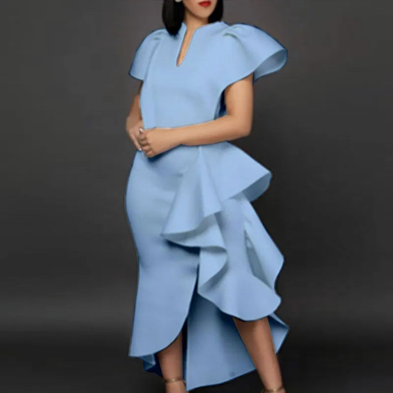 High Waist Irregular Elegant V-neck Flounce Dress
