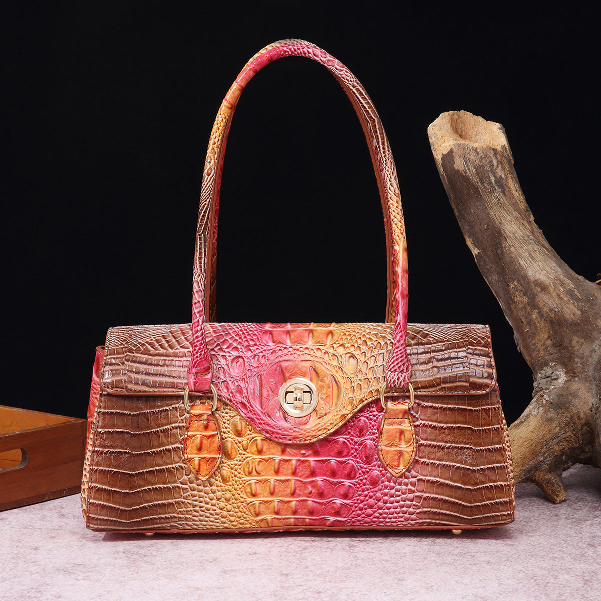 Womens Crocodile-Print Brahmin Shoulder Tote Bag