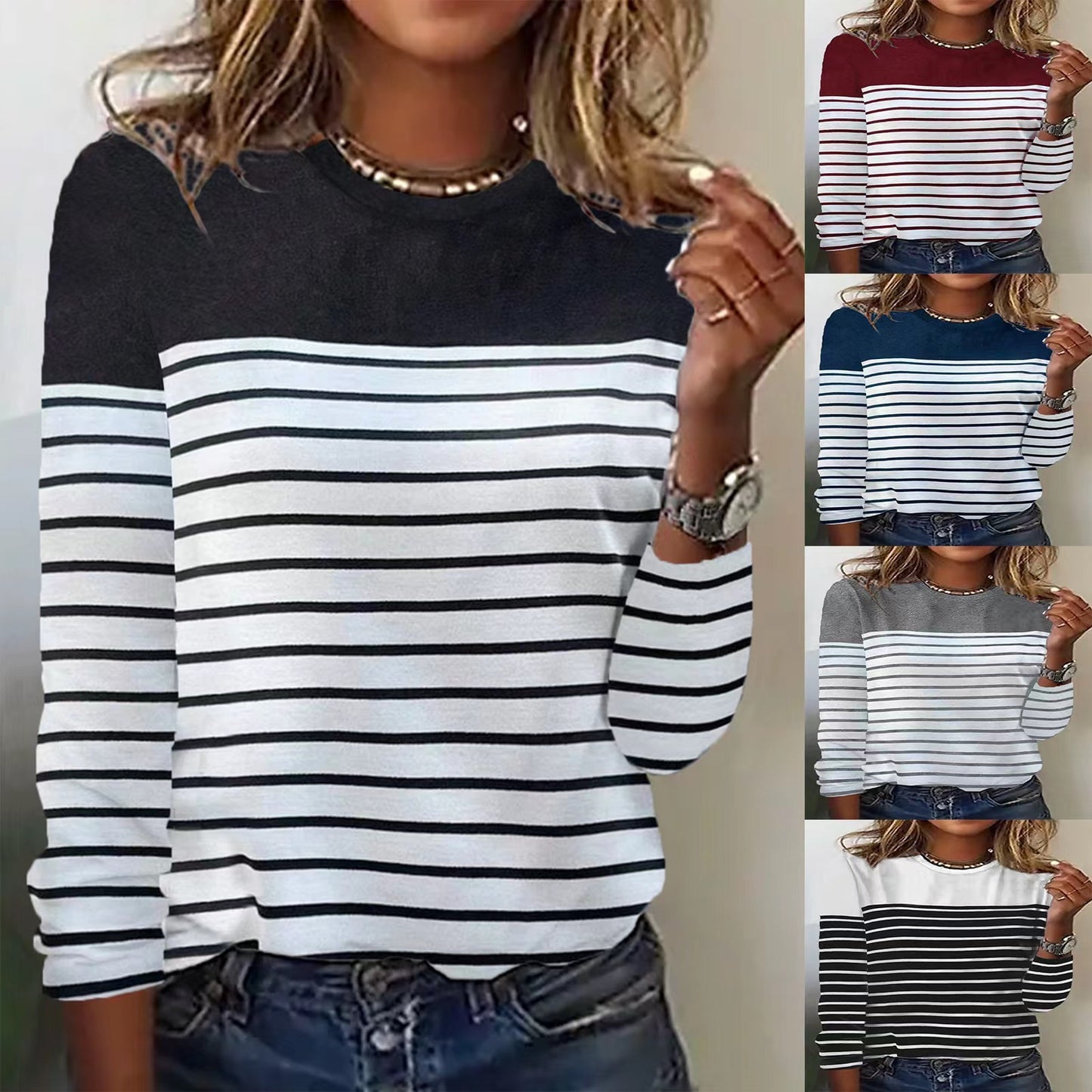 Long Sleeve Striped Two-tone Printed Patchwork Round Neck Top T-shirt