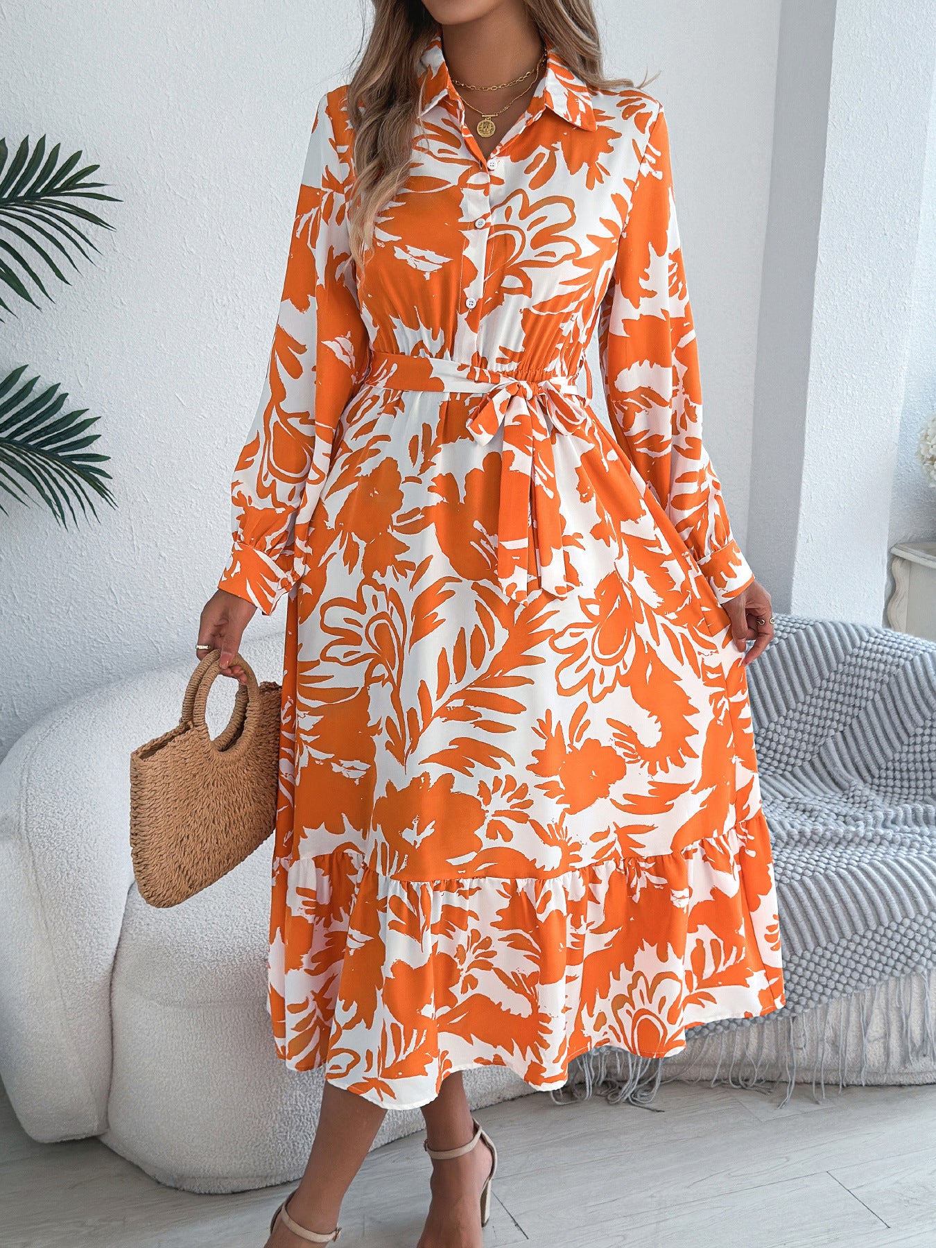 Women's Clothing Spring And Summer Leisure Flower Long Sleeve Shirt Skirt Dress