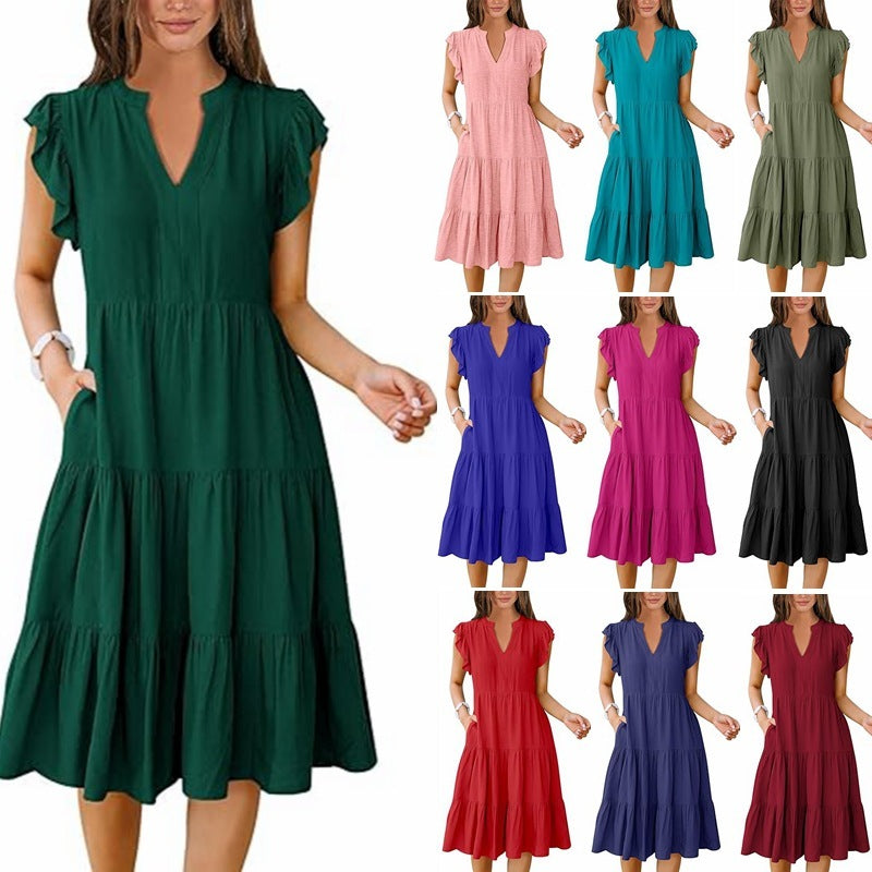 Mid-length Stitching Big Swing Pocket Dress
