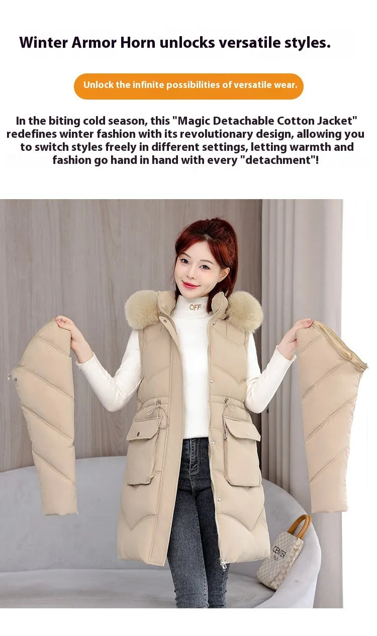 Women's Mid-length Big Fur Collar Hooded Cotton Vest Cotton-padded Jacket