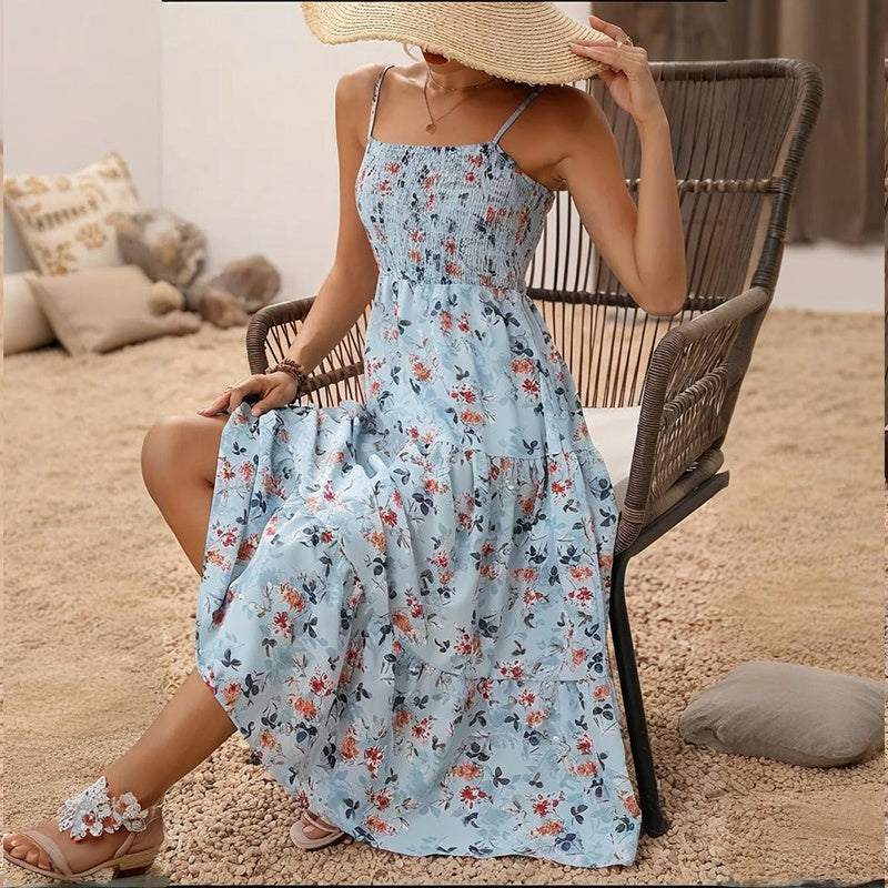 Womens Summer Floral Midi Dress Smocked Spaghetti Strap Sleeveless Tiered Casual Flowy-FREE USA SHIPPING Dresses