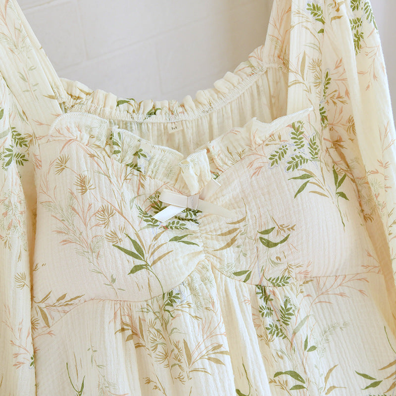 Cotton Crepe Chest Pad Long Sleeve Skirt U-collar Pullover Nightdress