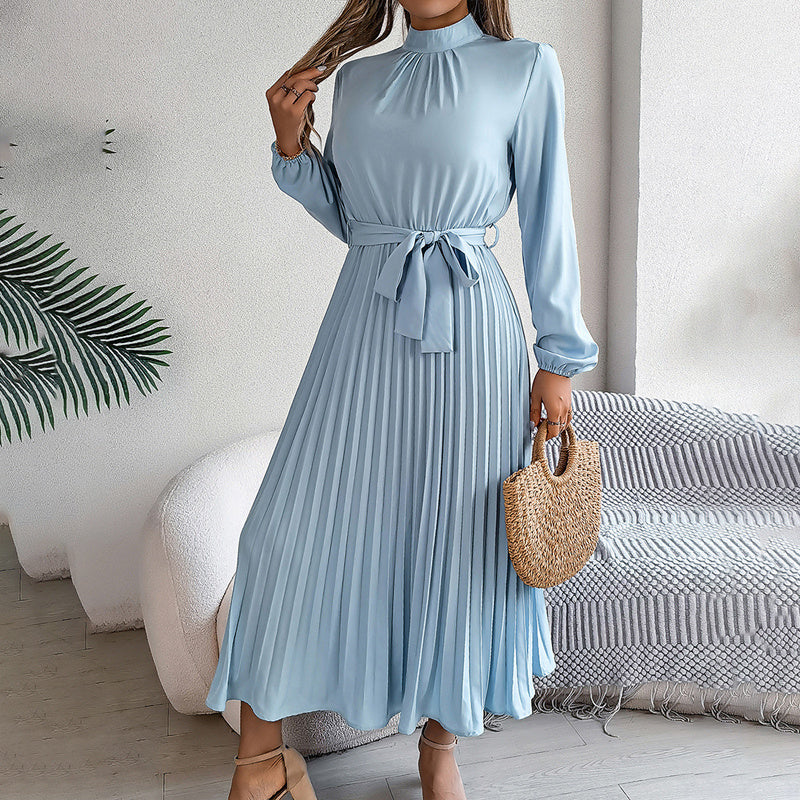 Elegant High Neck Long Sleeve Pleated Maxi Dress - Solid Color Flowy Dress For Women, Casual To Formal Wear-FREE USA SHIPPING