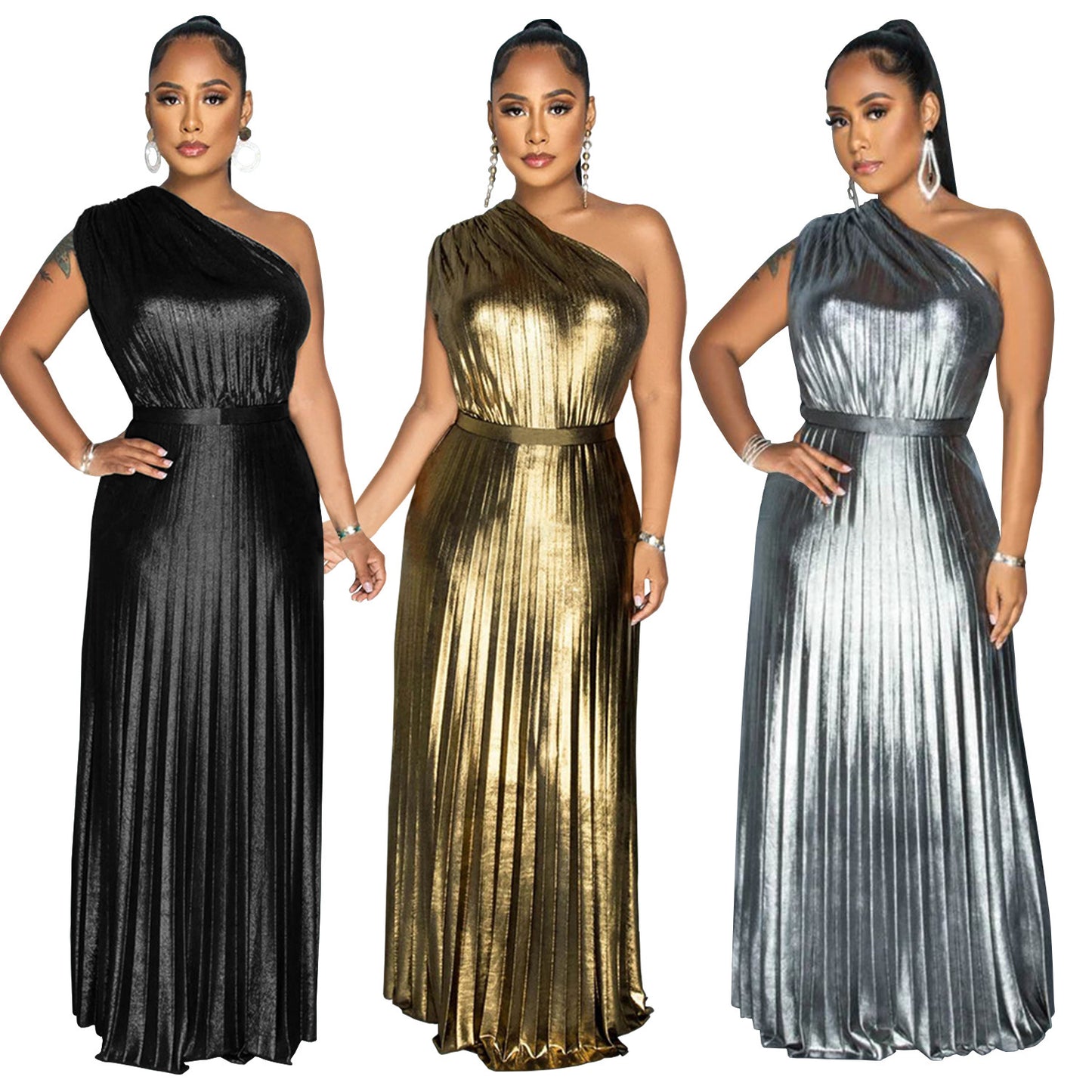 European And American Fashion Elegant Bronzing Oblique Shoulder Sleeveless Solid Color Dress