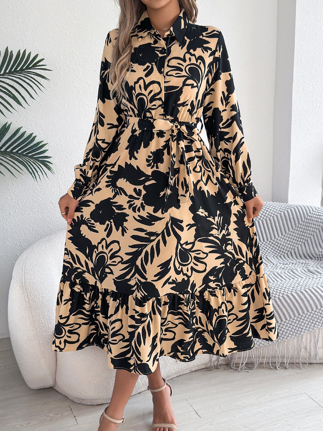 Women's Clothing Spring And Summer Leisure Flower Long Sleeve Shirt Skirt Dress