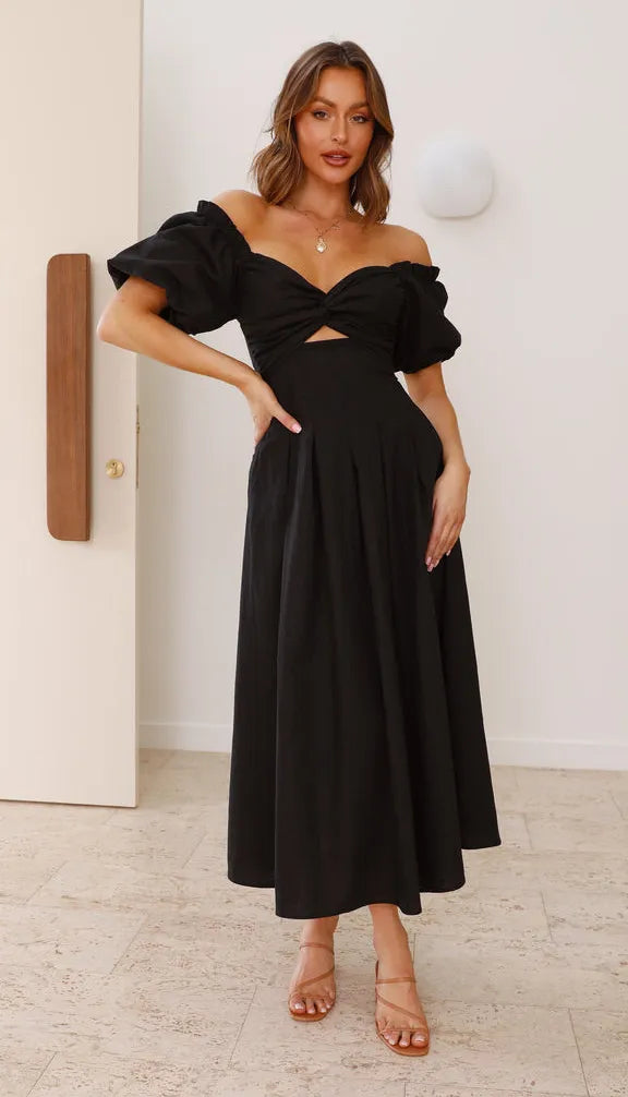 Women's Solid Color And V-neck Long Puff Sleeve Long Slimming Dress