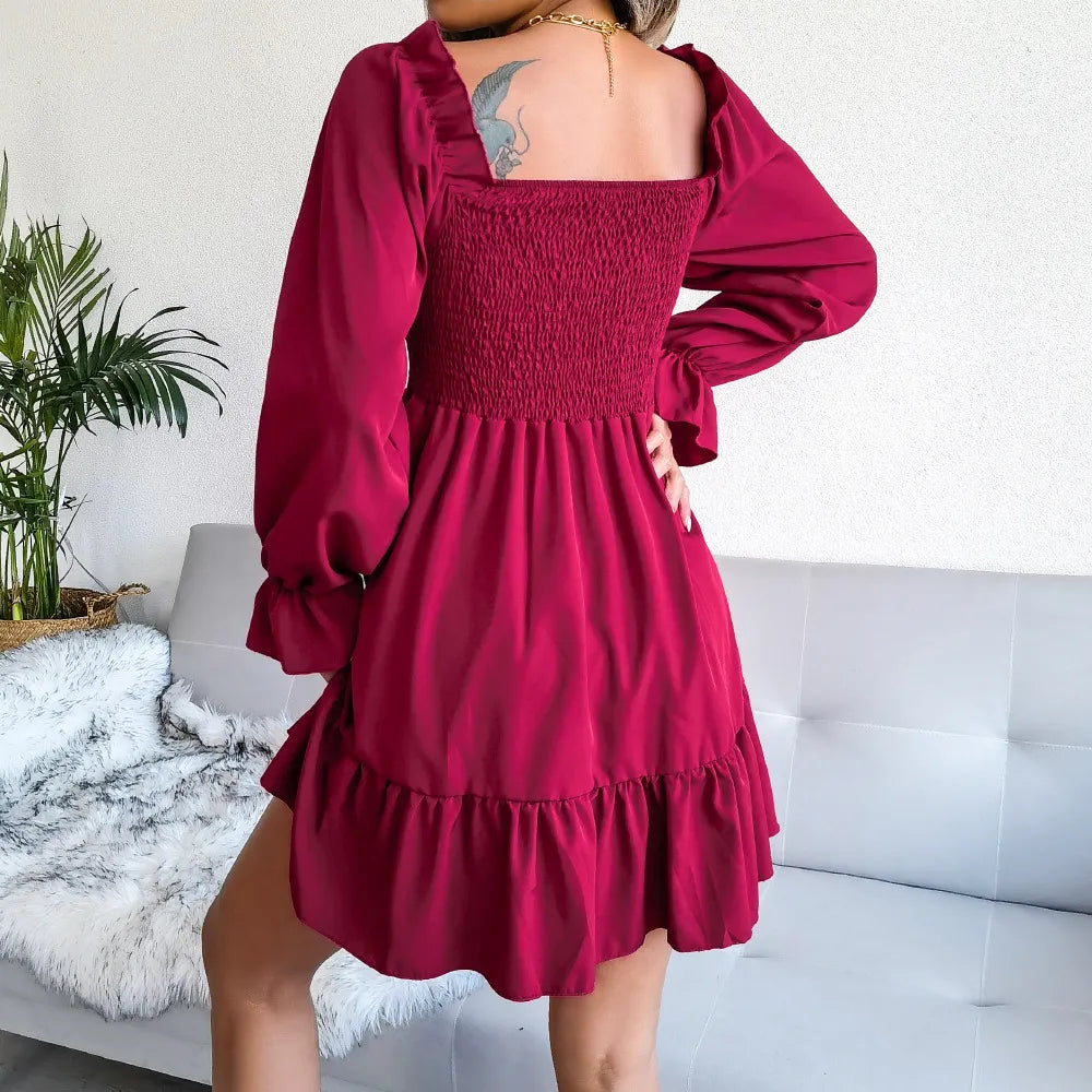 Flared Long Sleeve Dresses Women Square Neck Ruffled Swing Dress