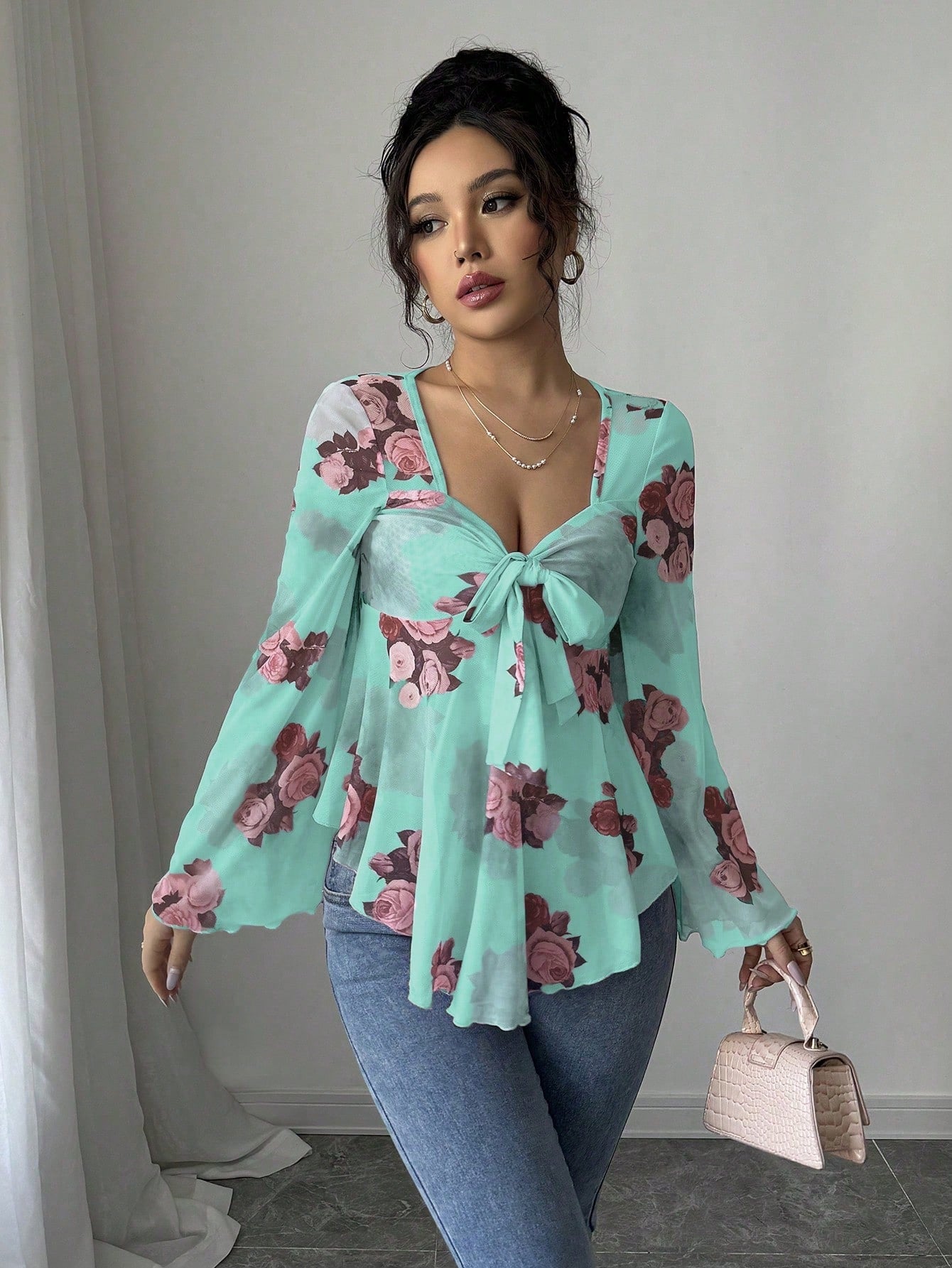 European And American Design Sense French Sweet Flower Blooming Lace-up Square Collar Long Sleeve Shirt