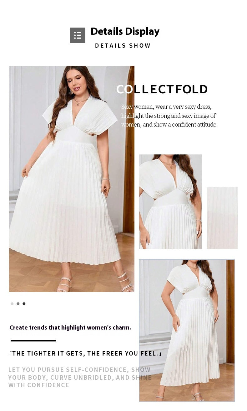 V-neck Sexy Bat Sleeve Slim-fit Pleated A- Line Dress