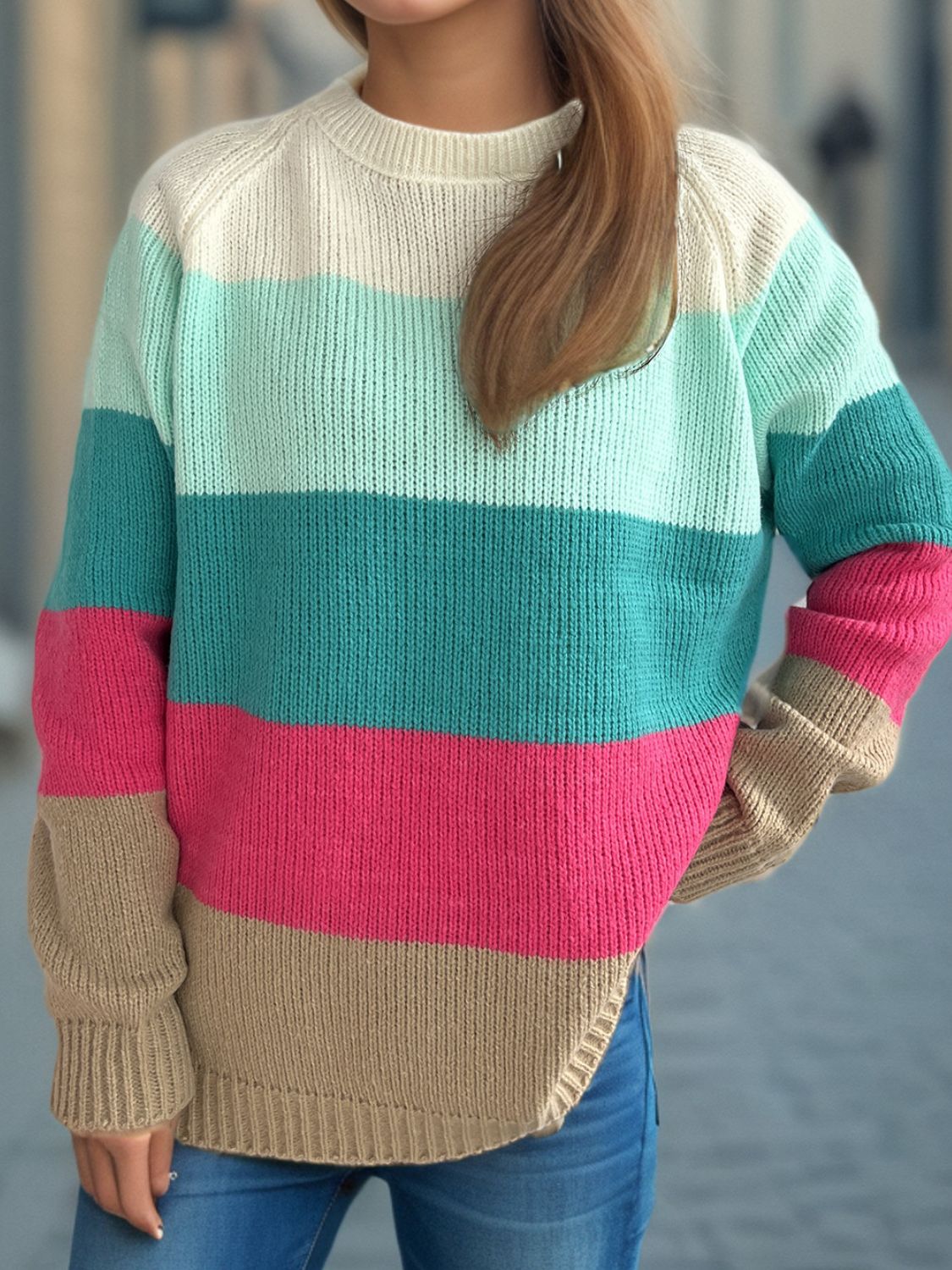 Color Block Round Neck Long Sleeve Sweater