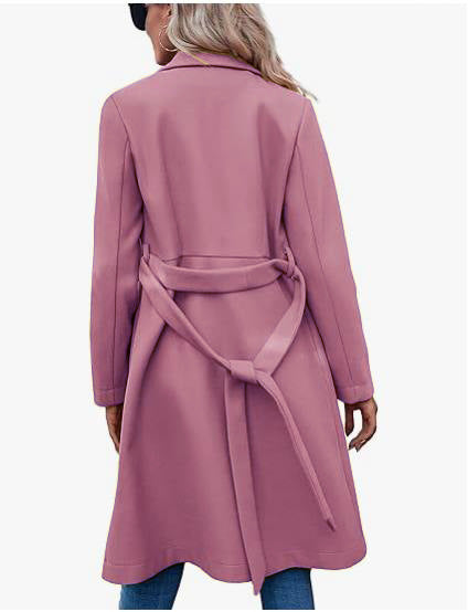 Long Woolen Women's Waist-controlled Lace-up Double Breasted Coat