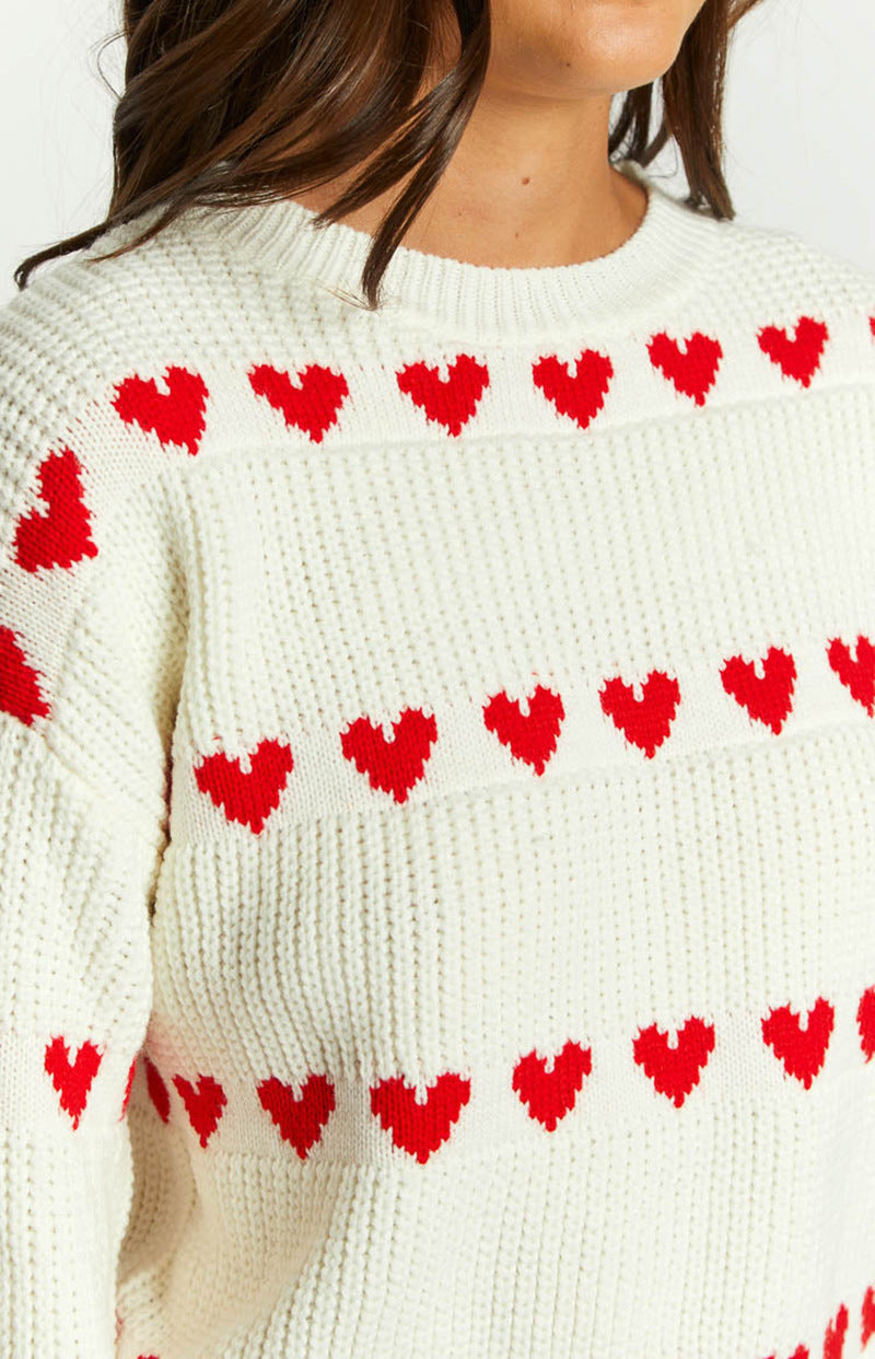Sweet Cute Love Heart Two-tone Jacquard Contrast Color Round Neck Long Sleeve Sweater