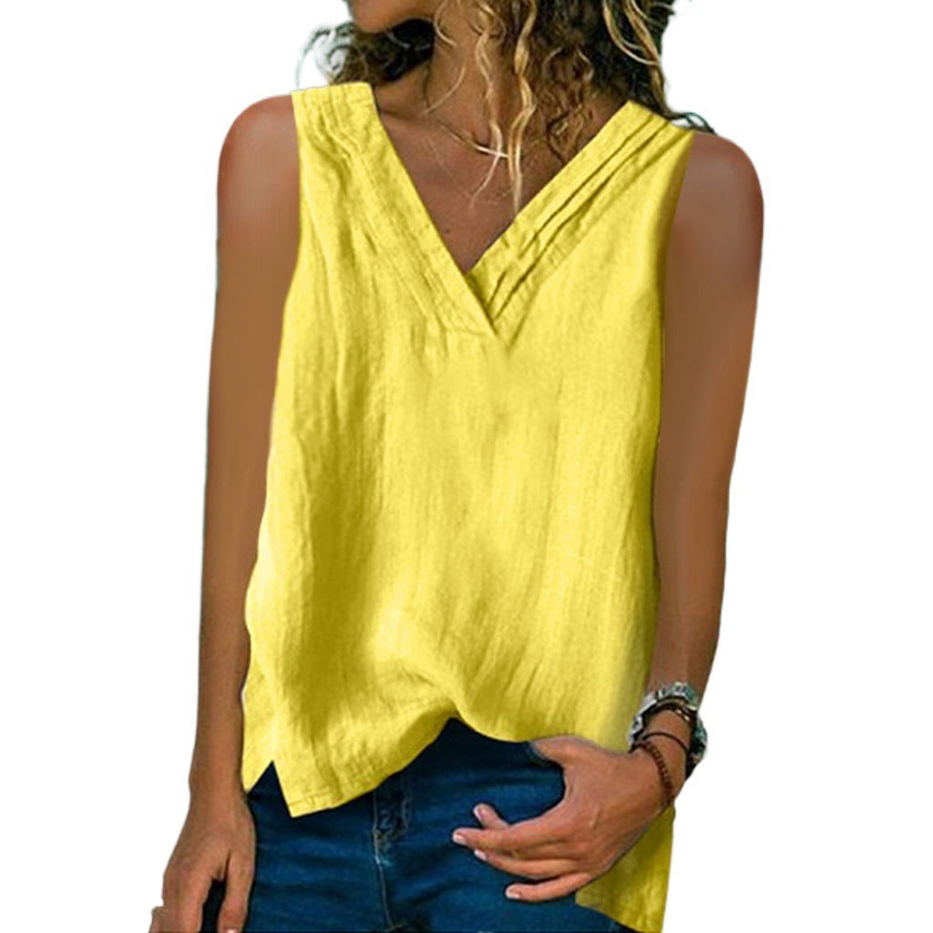 Split Sleeveless Cotton And Linen Multi-layer Collar T-shirt