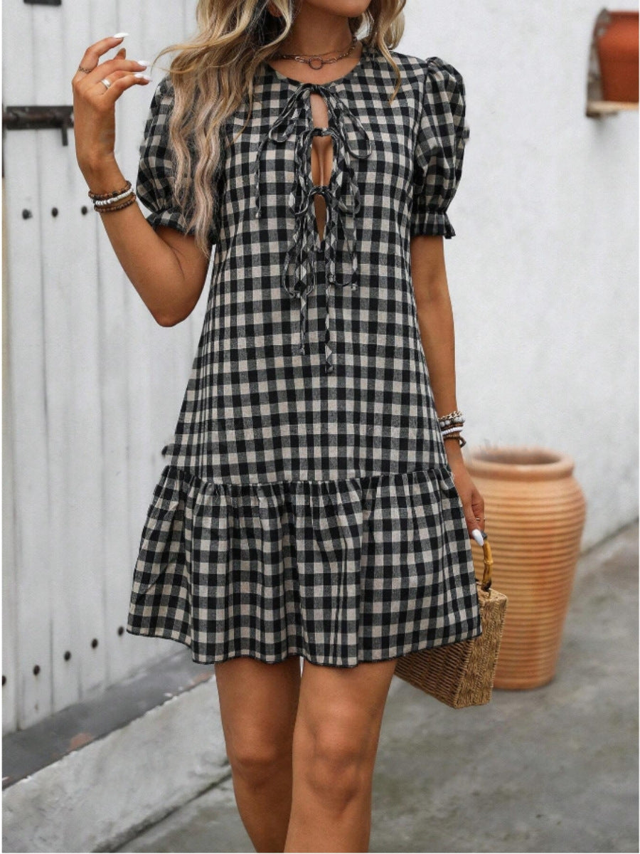 Plaid Drawstring Puff Sleeve Bohemian Dress