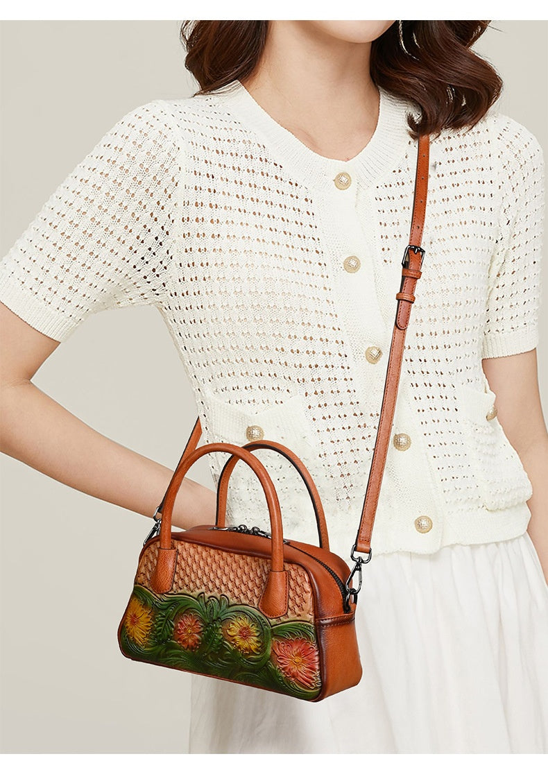 Retro Ethnic-style Full-grain Leather Shoulder Bag For Women