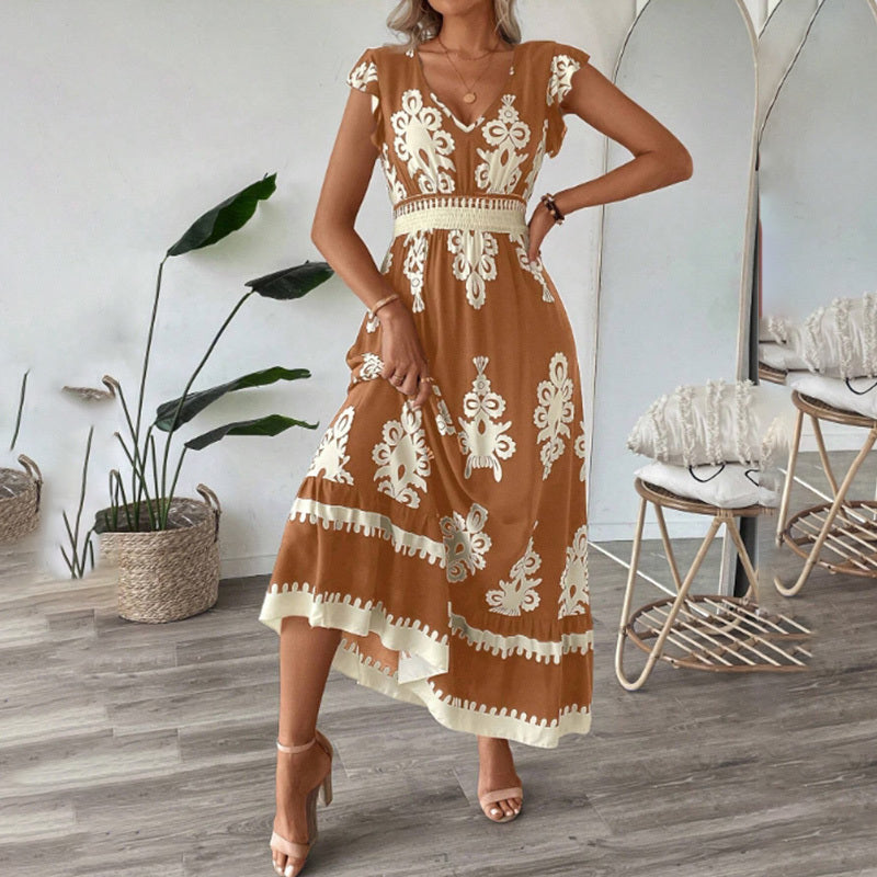 Women's Summer Flowy Maxi Dress Casual Cap Sleeve V Neck Smocked Waist Beach Sundress-FREE USA SHIPPING