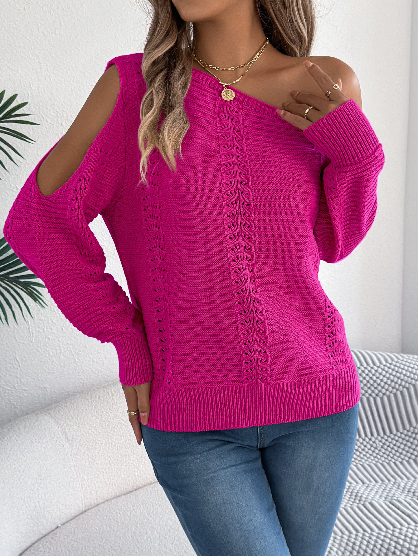 Solid Color Hollow Out Shoulder-baring Long Sleeve Pullover