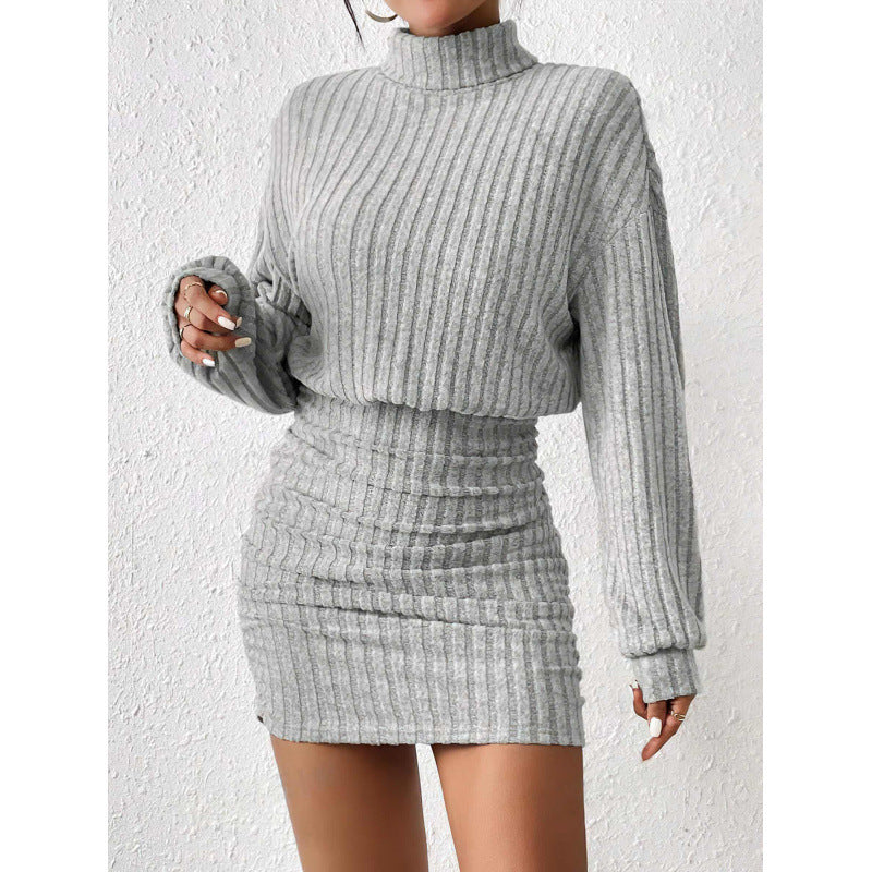 Sunken Stripe Turtleneck Sheath Long Sleeve Dress