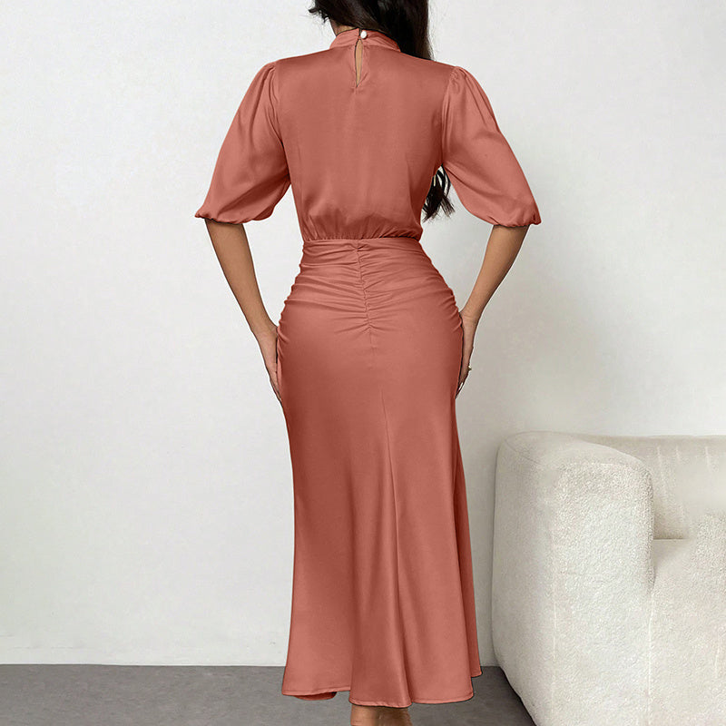Women's Short Sleeve Mock Neck Ruched Midi Dress Slim Fit Elegant Party Dress-FREE USA SHIPPING