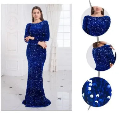 Women Modest Stretch Sequin Royal Blue Evening Prom Gown Party