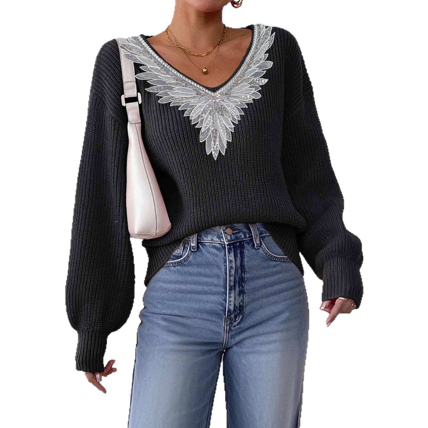 Lace Sequins Bow Tie V-neck Patchwork Pullover Long Sleeve Sweater