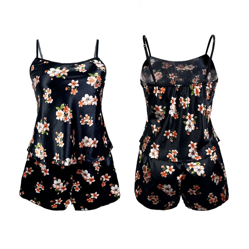 Satin Print Suspender Shorts Pajamas Suit