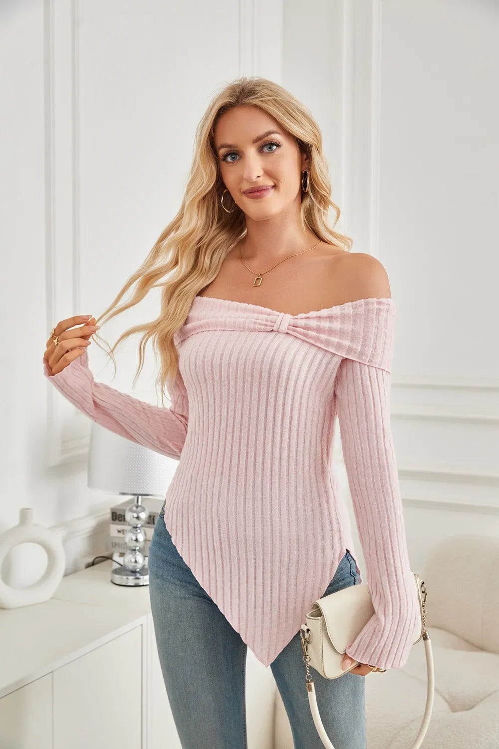 Women's Trendy Knit Ribbed Tops Bow Tie One Shoulder Long Sleeve Sweater Slim Cute Split Shirts Dressy Tops