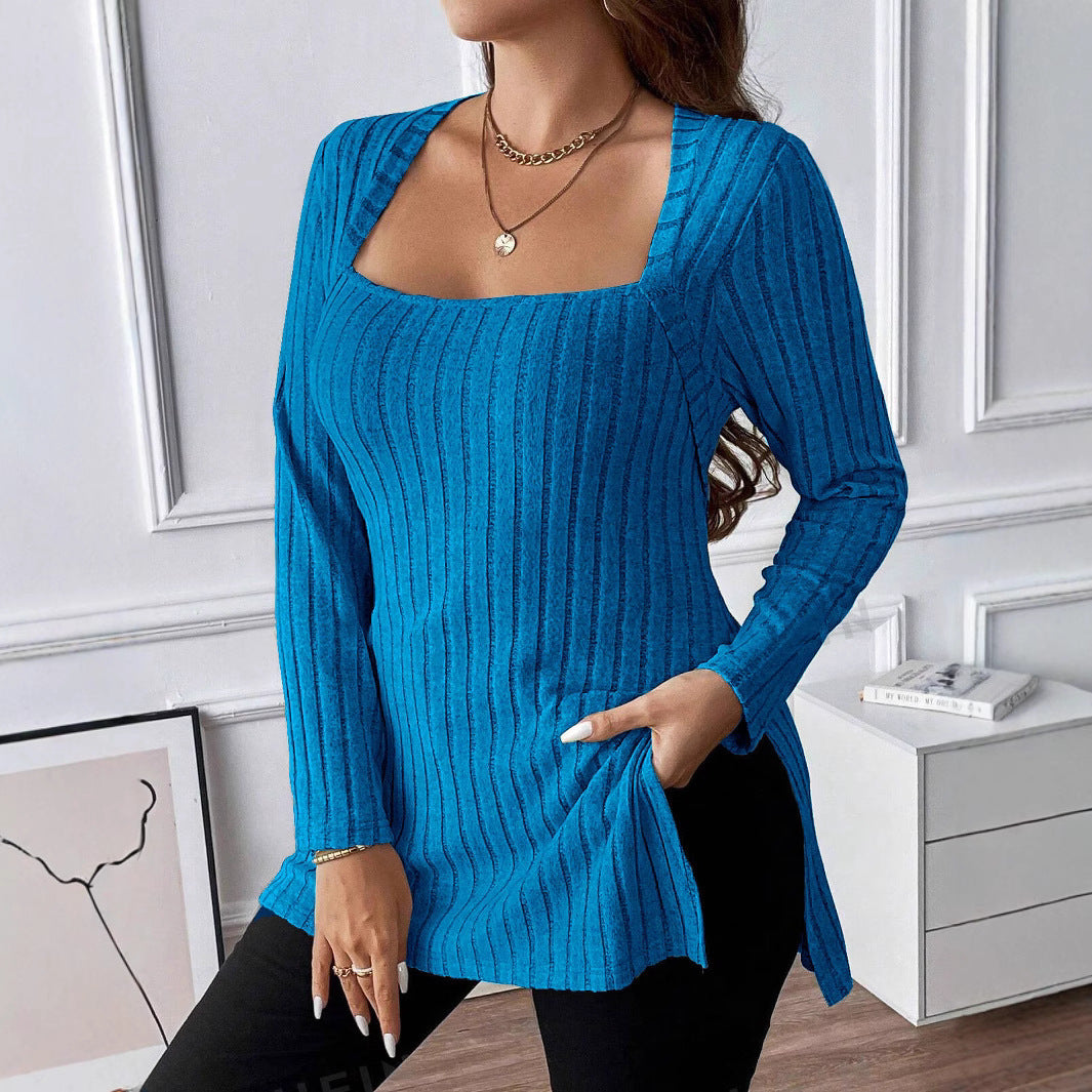 Rib Fabric Brushed Square Collar Long Sleeve Top