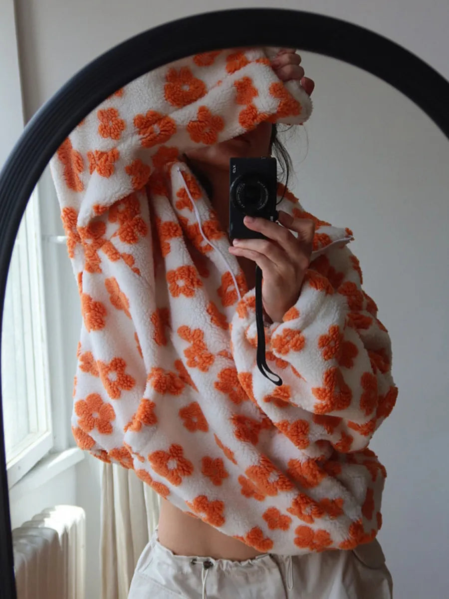 Winter Flowers Lambskin Sweatshirt With Big Pocket Casual Loose Zip-up Lapel Pullover Top Women's Clothing