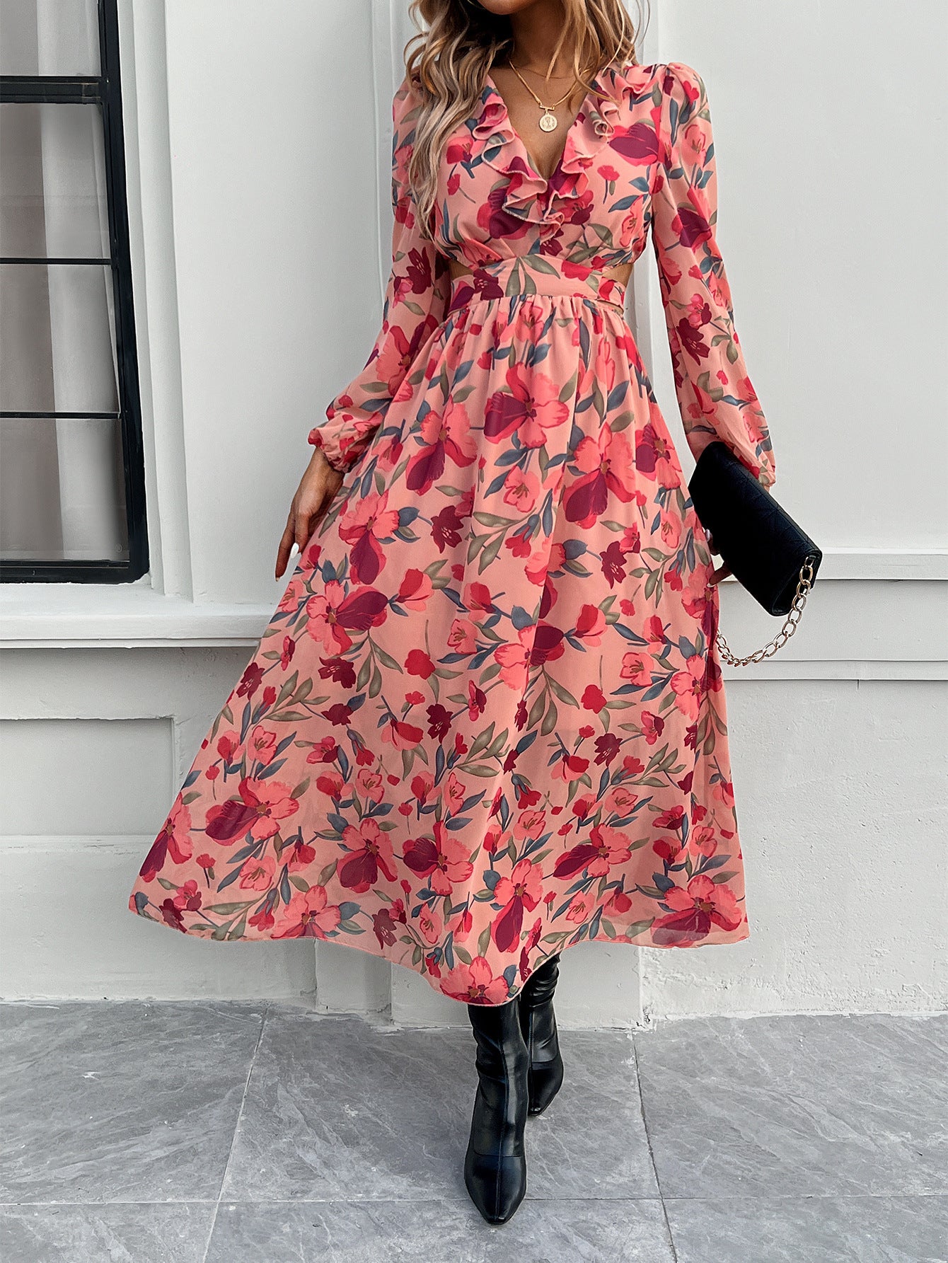 Fashion Florals Print Long Sleeve Dress Casual Holiday Tight-waisted V-neck Dresses Women Clothing