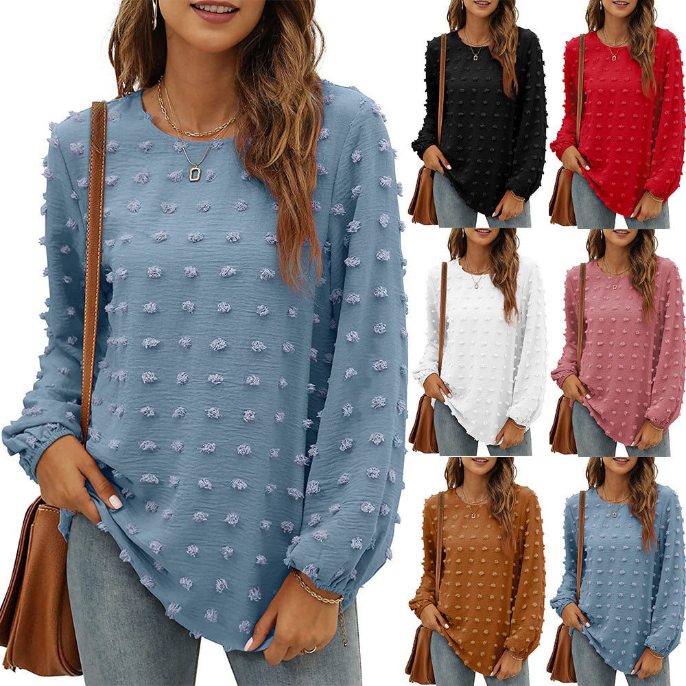 Fashion Jacquard Long-sleeved Round Neck T-shirt Casual Loose Pullover Top Womens Clothing