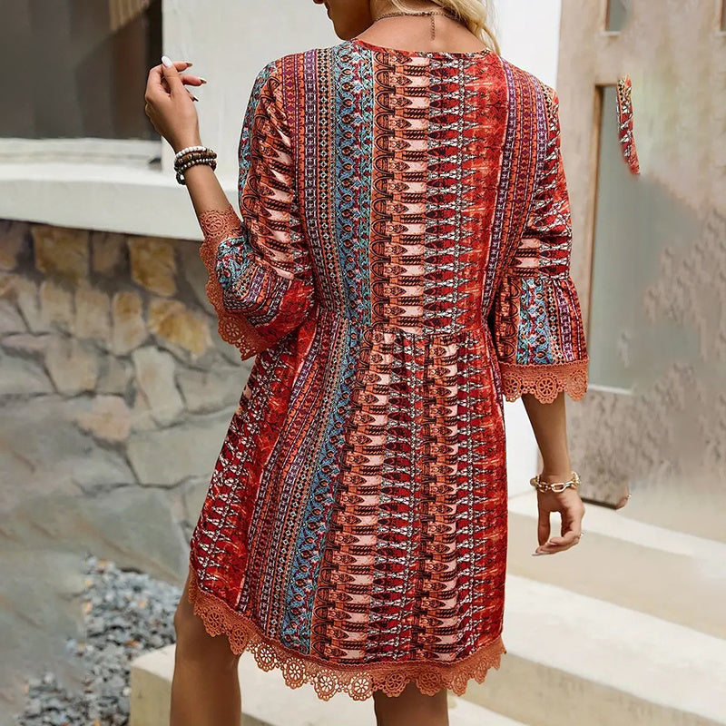 Women's Boho Print Mini Dress V-Neck 3 4 Sleeve Flowy Casual Summer Beach Sundress-FREE USA SHIPPING