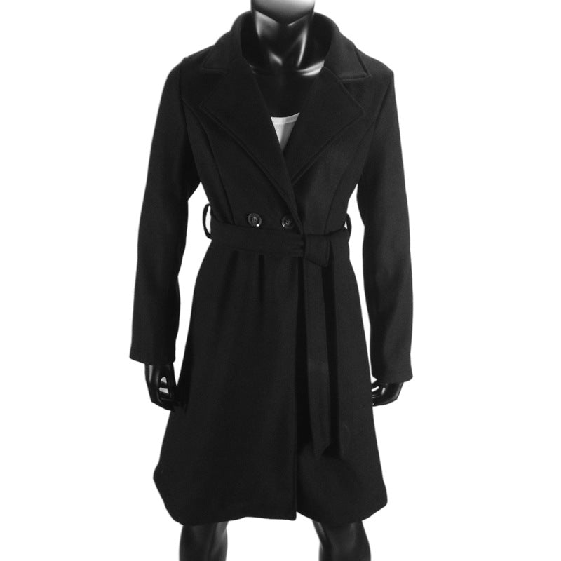 Long Woolen Women's Waist-controlled Lace-up Double Breasted Coat