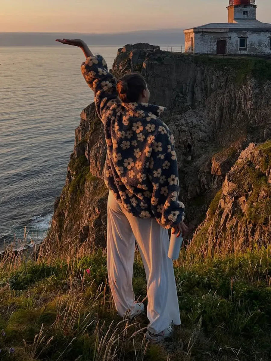 Winter Flowers Lambskin Sweatshirt With Big Pocket Casual Loose Zip-up Lapel Pullover Top Women's Clothing