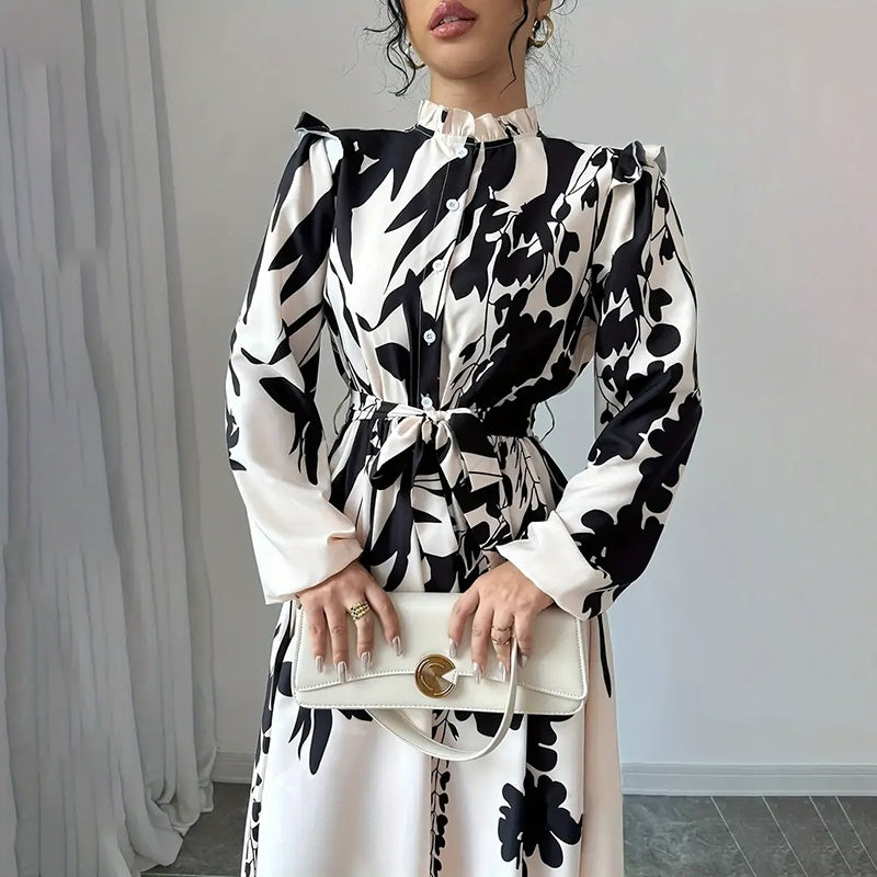 Women's Floral Print Long Sleeve Stand Collar A-Line Maxi Dress -  Free USA Shipping