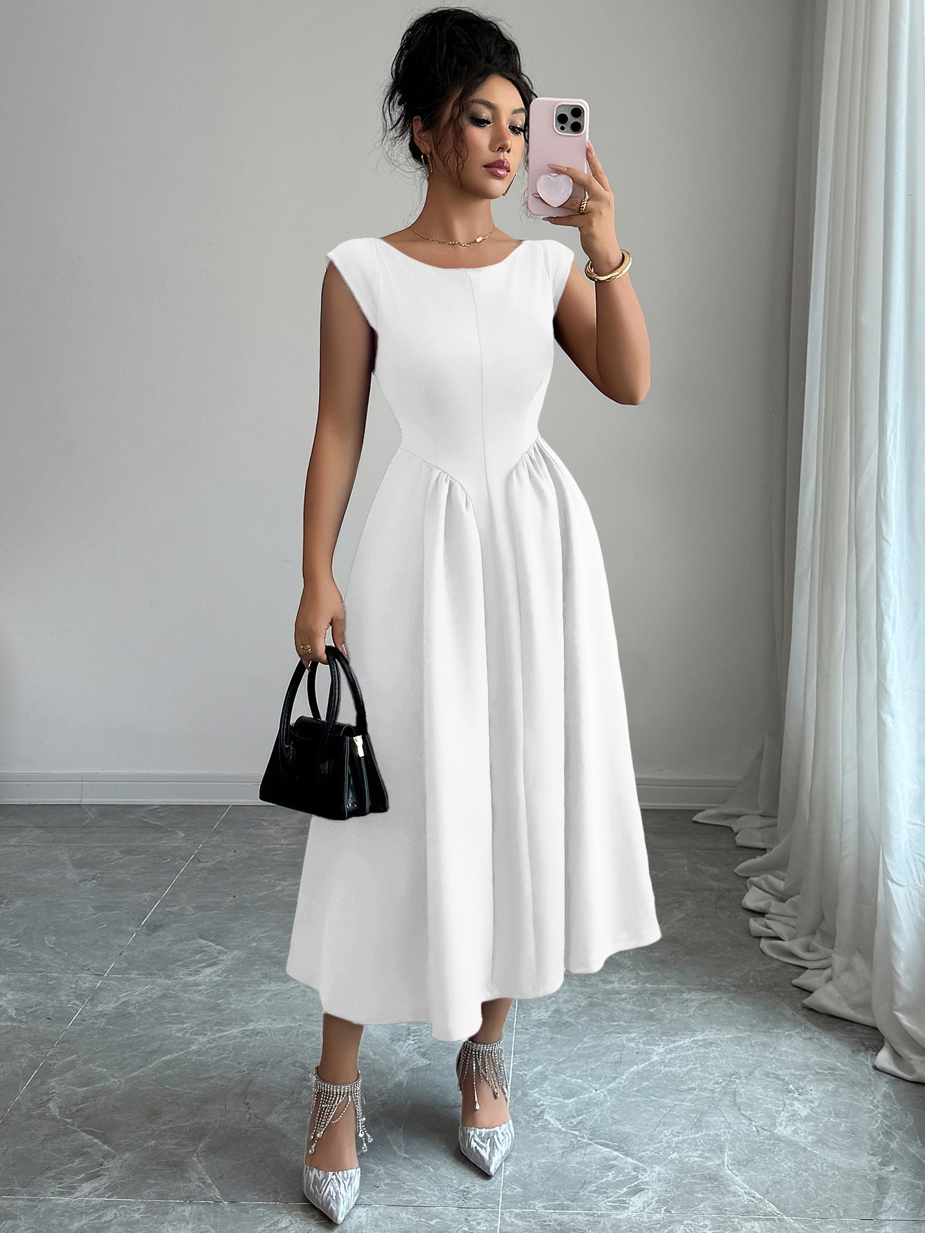 Solid Color Waist Long Skirt Dress Women