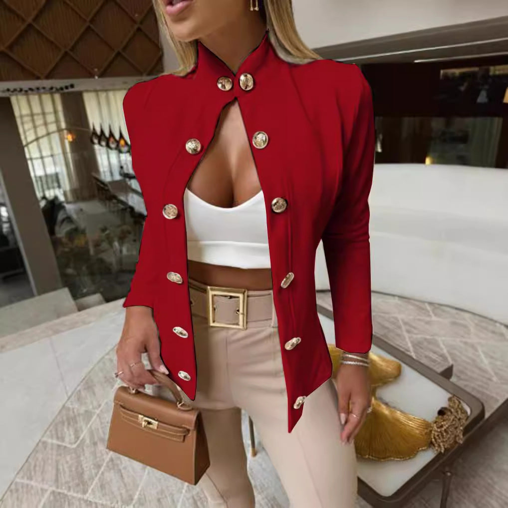 Autumn And Winter Stand-up Collar Slim-fit Long-sleeved Double Breasted Coat