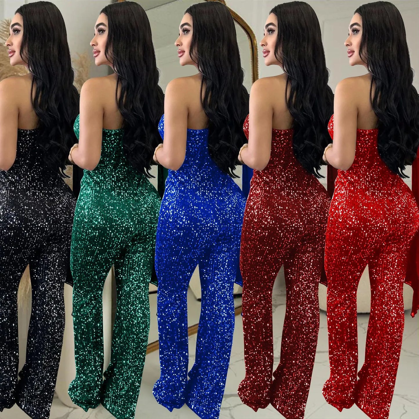 Women's Solid Color Sleeveless One-shoulder Sequined Trousers Jumpsuit