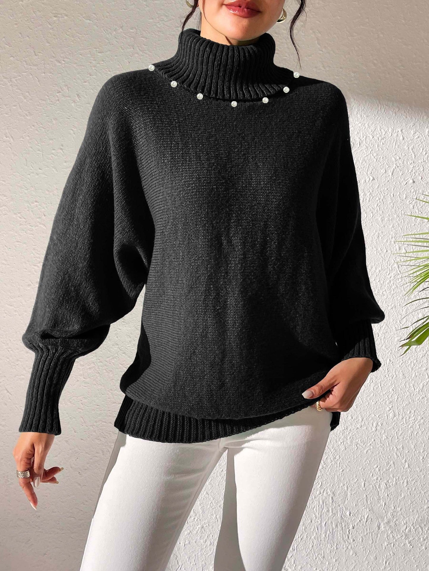 Women's Solid Color Simple Top Pearl Beaded Turtleneck Sweater Women's Base Shirt